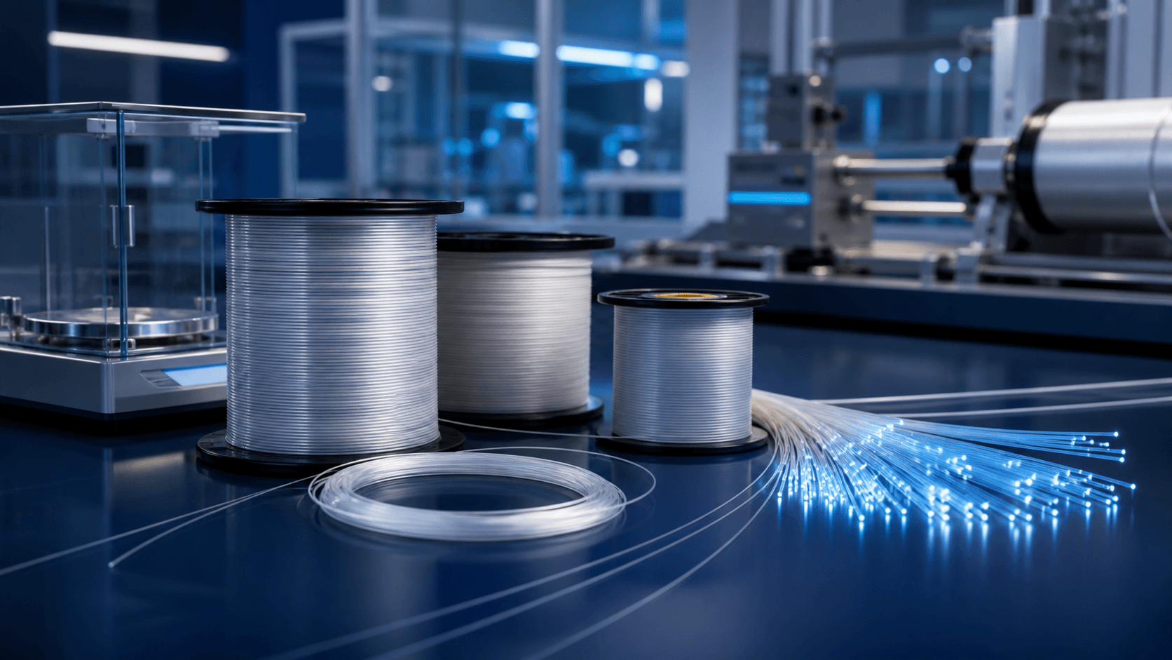 Optical fiber production spools for telecom and data networks